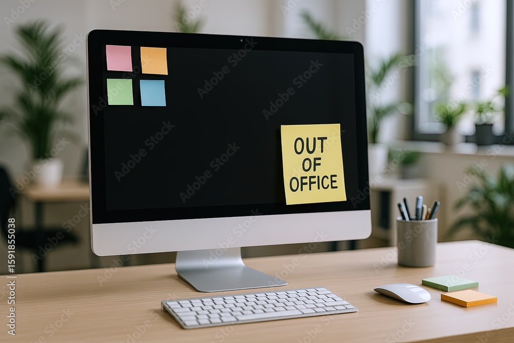 Poster modern office workspace with computer monitor displaying 