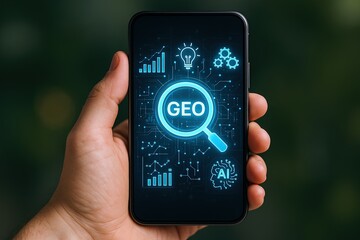 Modern smartphone displaying digital GEO and AI analytics with futuristic icons.