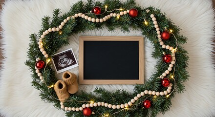 Christmas wreath pregnancy announcement with ultrasound, baby booties, and chalkboard