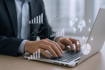 Businesswoman Analyzing Data With Digital Graphs and Globe on Laptop Screen.