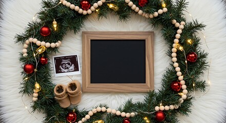 Christmas wreath with baby ultrasound, tiny boots and chalkboard for announcement