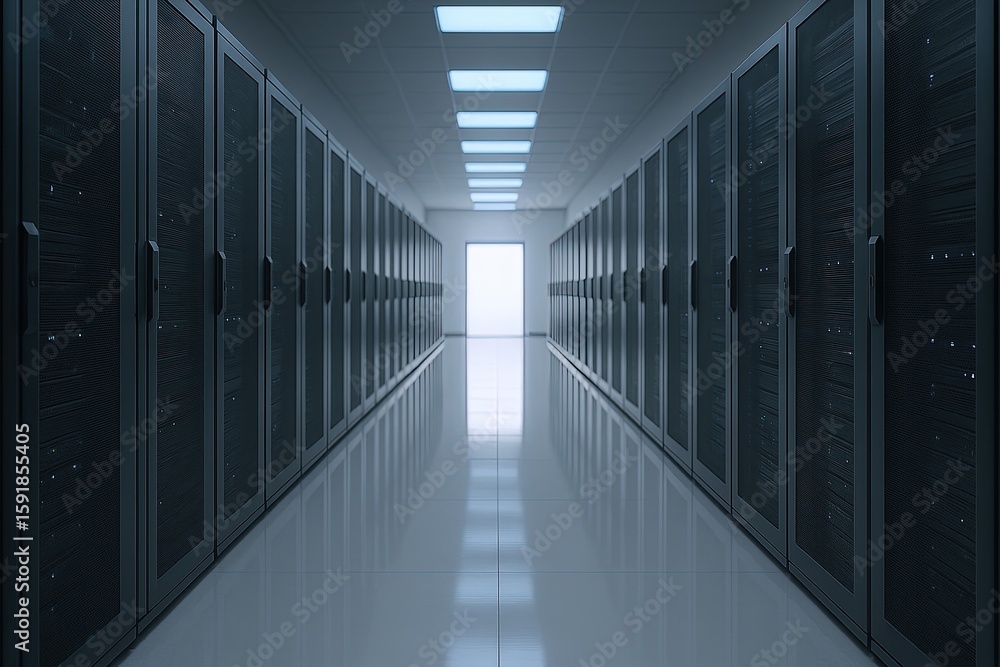 Aufkleber modern data center hallway with server racks illuminated by overhead lighting and natural light from