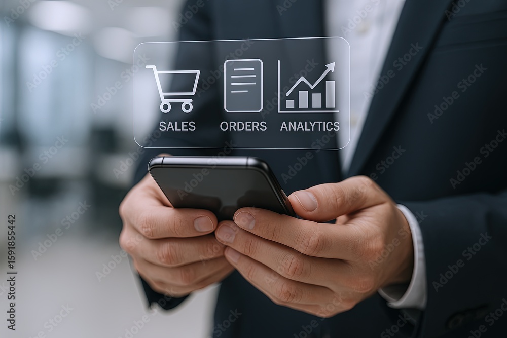 Poster businessman using smartphone with digital sales order analytics icons on transparent screen.