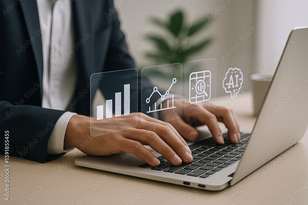 Poster businessman using futuristic transparent digital interface with data analytics icons.