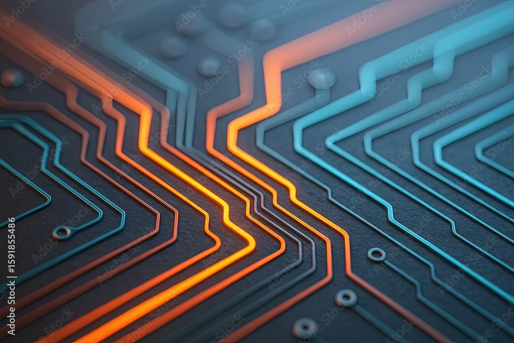 Poster close up of colorful electronic circuit board with circuit paths and connections.
