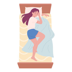 Girl sleeping on bed top view. Hand drawn isolated on white background. Flat vector style for mental health, sleep hygiene, posters, prints, stickers