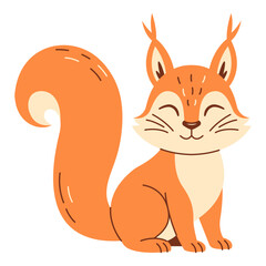 Cute squirrel smiling. Flat hand drawn forest animal character with big tail isolated on white background