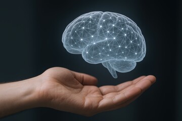 Human hand holding a glowing digital neural network brain hologram with data connections.