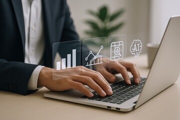 Businessman using futuristic transparent digital interface with data analytics icons.