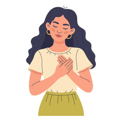 Woman pressing her palms to her chest. Flat hand drawn vector female character expressing gratitude or love isolated on white background. Self care and emotional well being concept