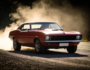 Classic red muscle car in motion, dust clouds