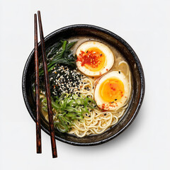 Delicious ramen noodle soup bowl with eggs and vegetables asian cuisine food photography top view image