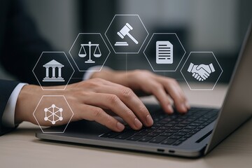 Business person working on legal research using laptop with digital law icons overlay.