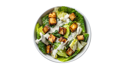 Delicious Tofu Caesar Salad in Bowl Fresh Green Leafy Greens Creamy Dressing