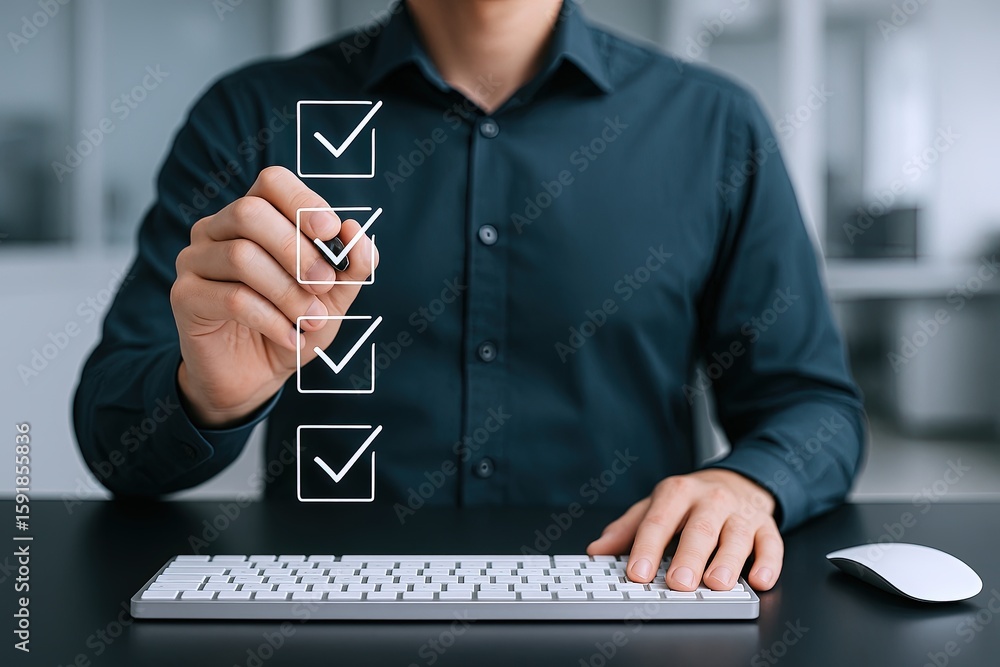 Poster businessman completing a checklist on a digital tablet with a keyboard in an office setting.