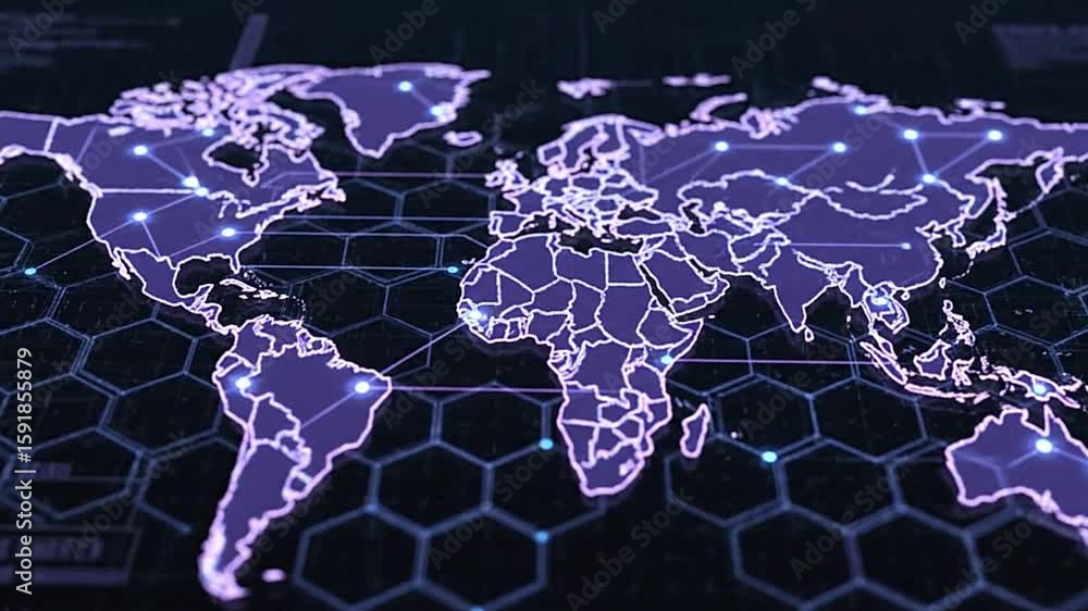 Poster a world map outlined in purple on a hexagon grid with blue dots connected by lines