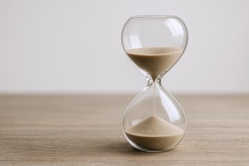 Clear Glass Hourglass Container Filled with Fine Sand on Light Wooden Surface.