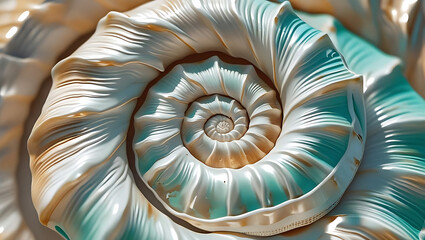 Obraz premium Detailed nautilus shell in white teal and gold Fibonacci spiral 