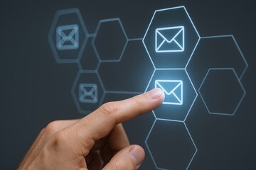 Digital email communication concept with glowing icons and hexagonal network.