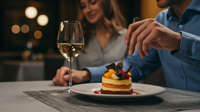 Sweet date night dessert: A couple enjoys an elegant layered cake topped with fresh fruits, white wine, and romantic dining in an upscale restaurant.