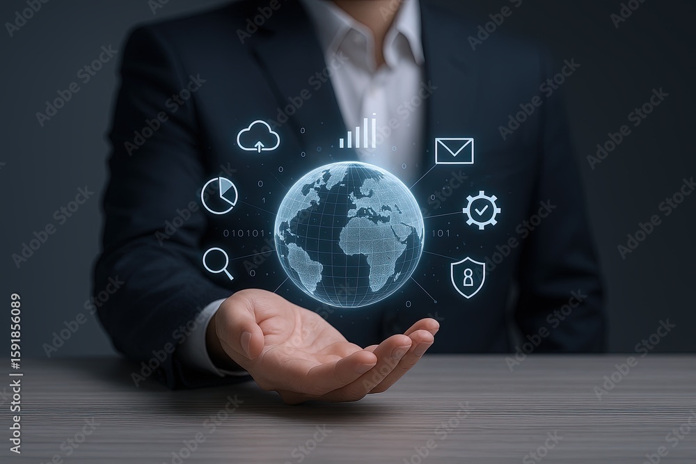 Poster businessman holding digital globe with cloud computing technology and data icons.