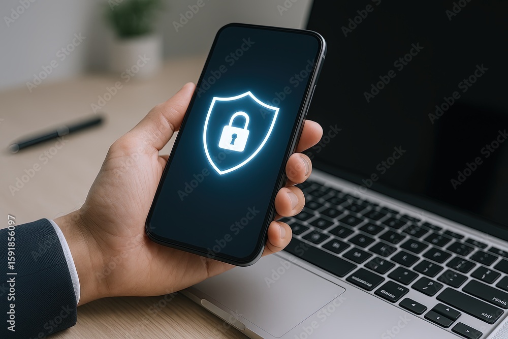 Poster close-up of a person holding a smartphone displaying a digital security shield icon in front of a la