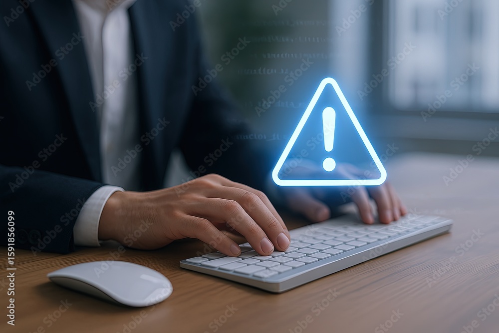 Poster close up of hands typing on keyboard with warning symbol digital overlay and modern office backgroun