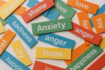 Colorful scattered paper words representing emotions and feelings development.