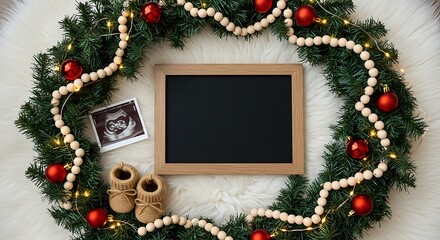 Christmas wreath with baby ultrasound, tiny boots and chalkboard for announcement