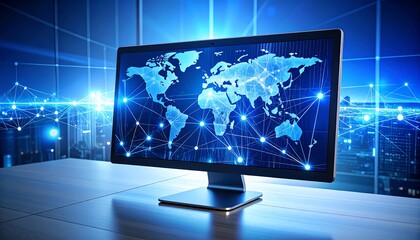 Computer monitor displaying global network map, night cityscape background