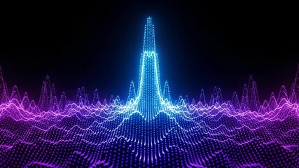 An abstract digital wave pattern with blue and purple glowing lights on a dark background - Powered by Adobe
