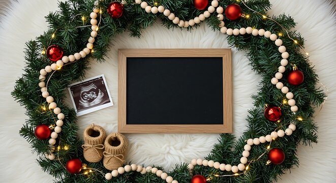 Christmas wreath with baby ultrasound, tiny boots and chalkboard for announcement