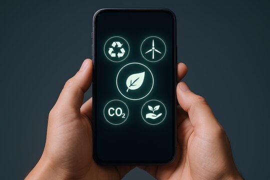 Modern smartphone displaying eco-friendly and renewable energy icons in dark setting.