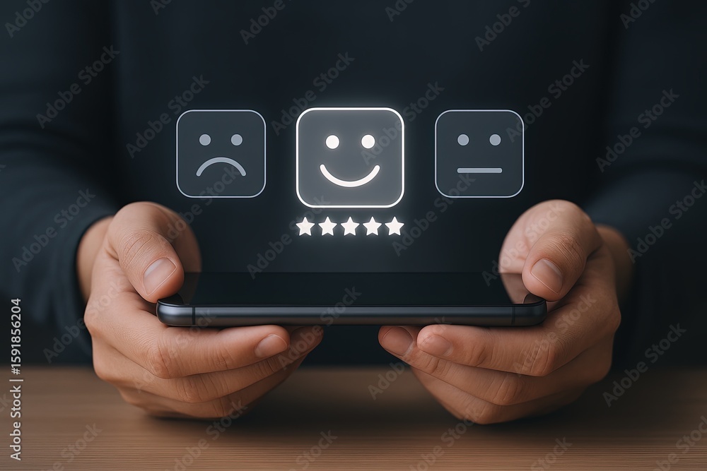 Poster close up of hands holding smartphone with mood tracking icons and rating system.