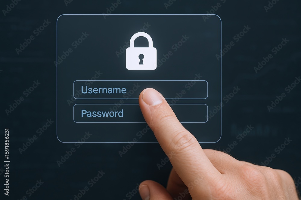 Aufkleber close-up of a person's hand unlocking digital secure login interface with padlock icon.