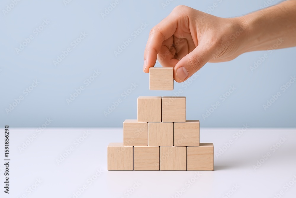 Poster hand stacking wooden blocks on a white surface creating a pyramid structure.