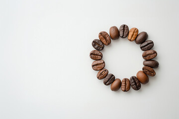 Circle of Roasted Coffee Beans in Various Shades on White Minimalist Background.