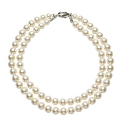 Obraz premium A double strand of exquisite, creamy white pearls, uniformly sized with high luster, arranged in a graceful wavy pattern, showing a polished silver clasp, isolated on a transparent background with