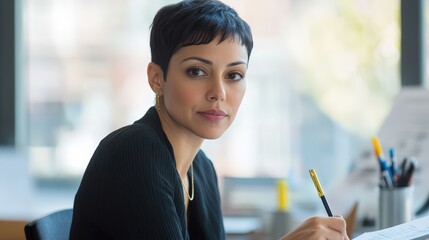 Hispanic woman with short hair sitting at modern office desk reviewing business reports and writing notes emphasizing professional focus and analytical skills in workplace