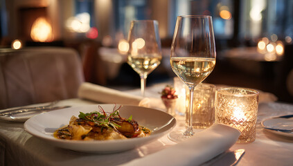 Elegant Wine Glass Filled with White Wine on a Table Setting.