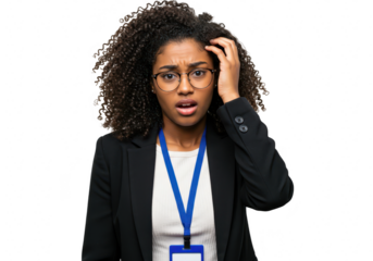 A young woman with curly hair and glasses looks confused, touching her head isolated on transparent background