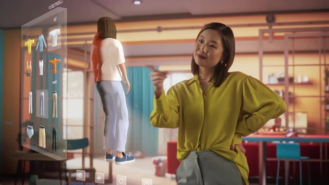 Asian Woman Standing at Home, Using Augmented Reality Hologram to Create a Female Avatar. She is Swiping with Gestures, Choosing a Hairstyle, Changing Outfits Until Finding a Best Match