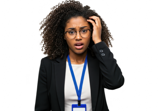 A young woman with curly hair and glasses looks confused, touching her head isolated on transparent background