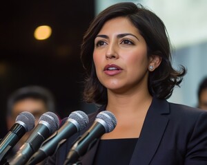 Close up of Hispanic woman giving press conference with microphones in front and reporters taking notes showcasing political authority and leadership in government setting