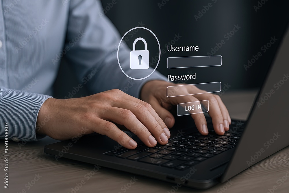 Poster close-up of hands typing on a laptop keyboard with a digital lock security overlay.