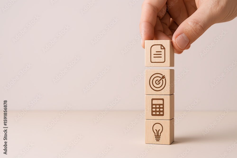 Poster hand stacking wooden blocks with icons representing document target calculator light bulb.