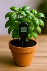 Basil plant with digital soil moisture meter – home gardening
