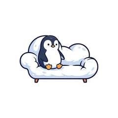 Cozy Penguin on Cloud Sofa. This charming illustration features a little Antarctic bird resting comfortably on a soft, white celestial seat. It conveys feelings of peace and supreme comfort, perfect.