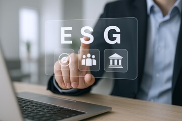 Corporate Business Executive Using Transparent Touchscreen Interface for ESG Screening.