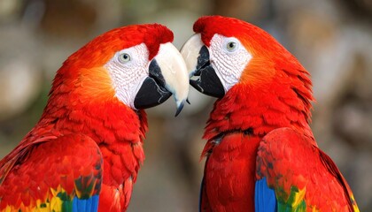 Close-up of two scarlet macaws facing each other